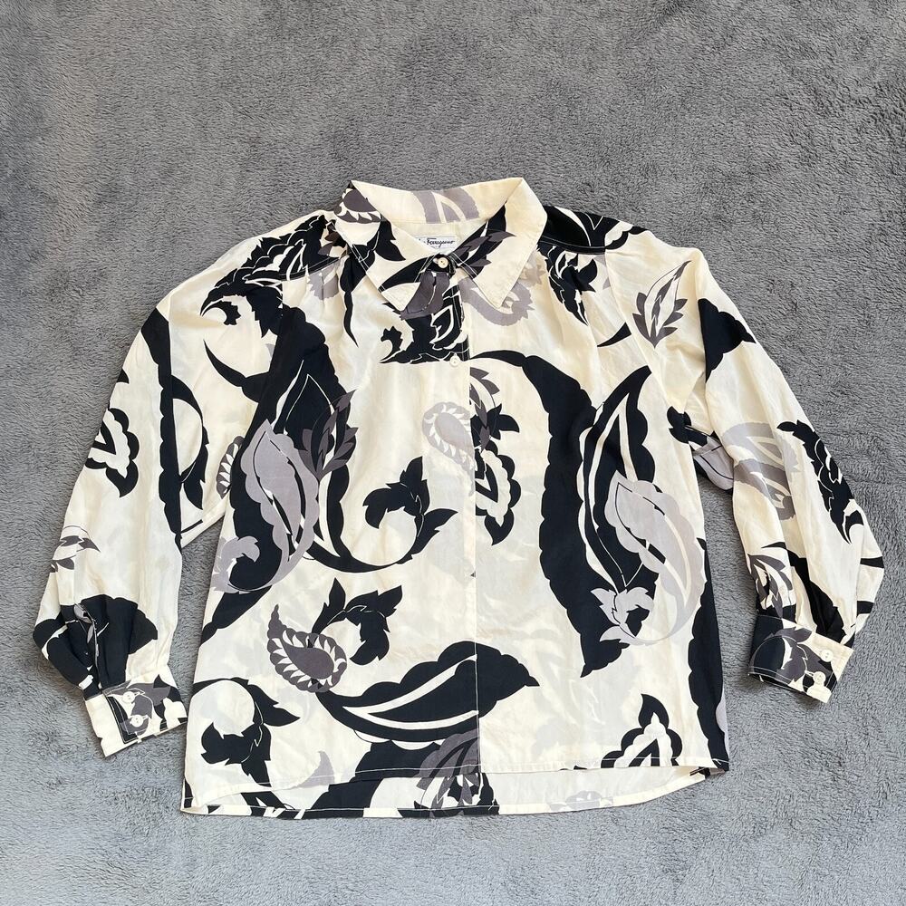 Salvatore Ferragamo White Printed Leaf Silk Casual Button Down Women's Size 46